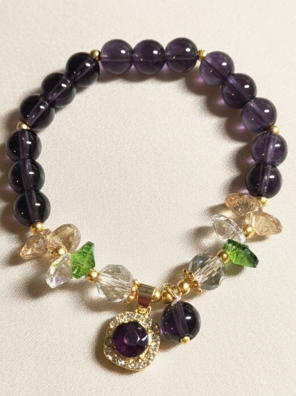 Amethyst Bead Stretch Bracelet with Gold Pavé Charm